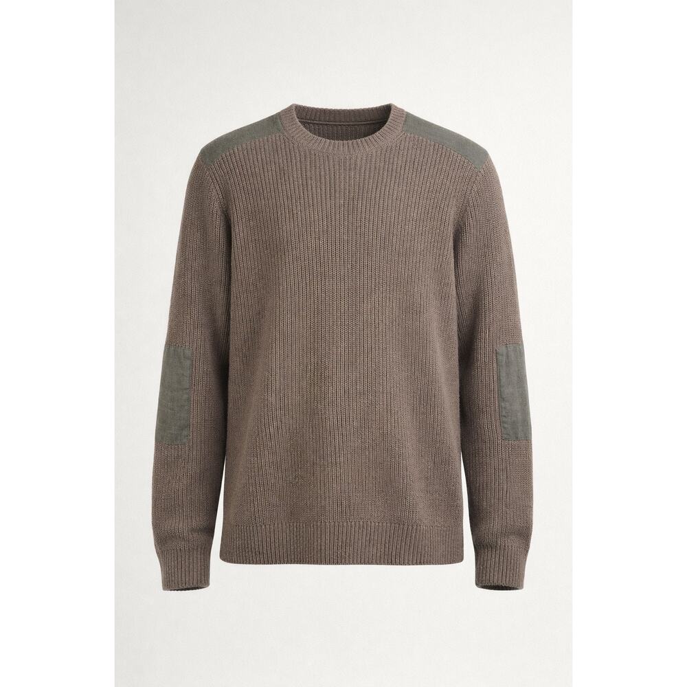 AllSaints Taupe Cotton Crewneck Sweater Elbow Patch XL Casual Knit Grandpacore